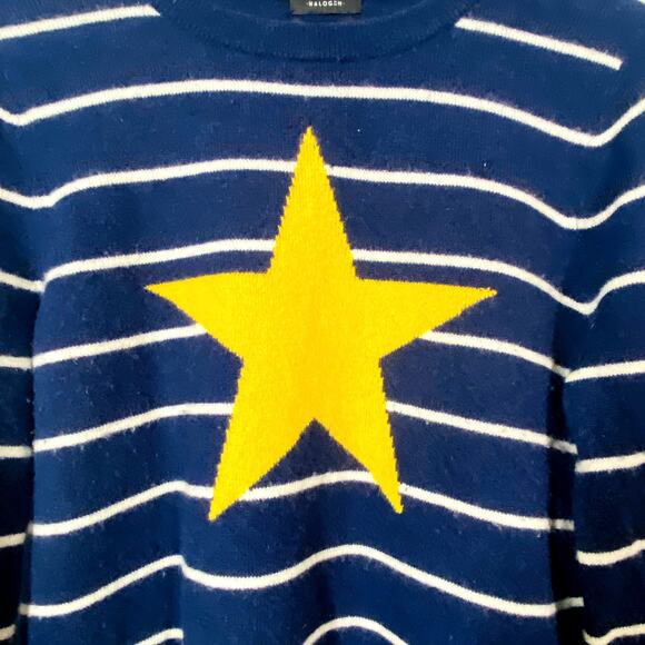 Halogen Crewneck Cashmere Wool Blend Sweater Star Stripe Blue Gold - M - Picture 2 of 4